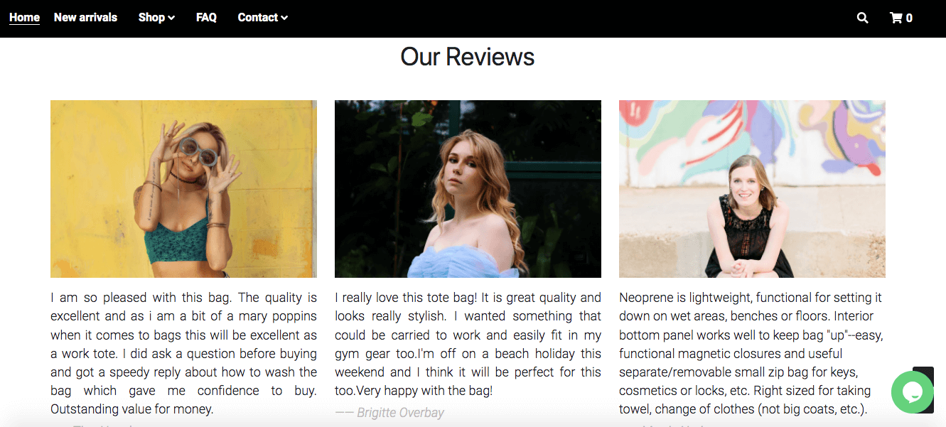 Customer reviews published on a website selling personalized handbags Customer reviews published on a website selling personalized handbags